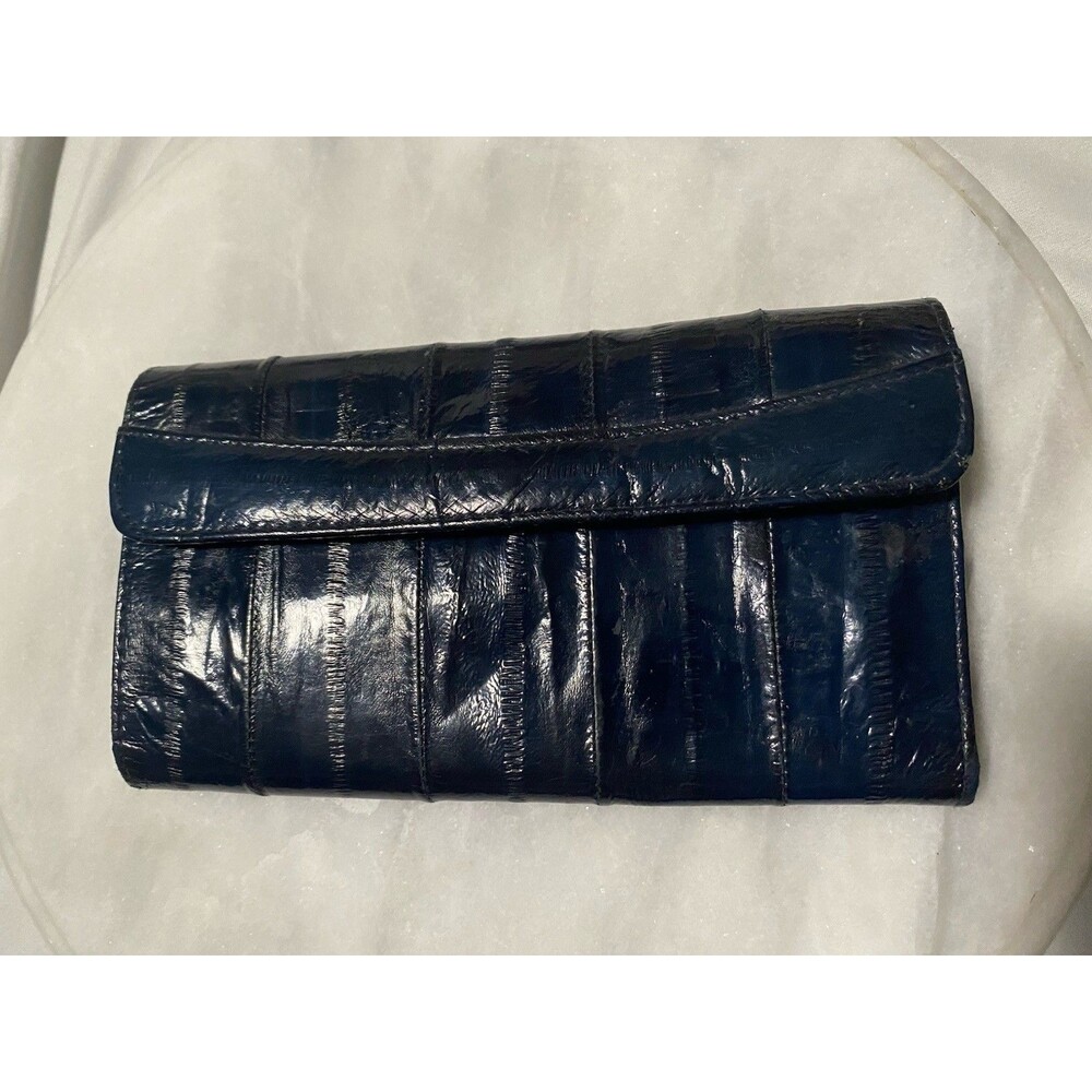 Vintage Victory Hook Eel Skin Wallet Coin Navy Blue Leather Checkbook Holder 7"